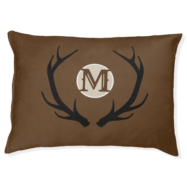 Deer Head Antlers Rustic Country Modern Monogram Pet Bed (Front)