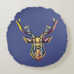 Deer head as a colorful picture in watercolor round pillow