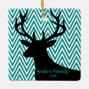 Deer Head Chevron teal black Ceramic Ornament