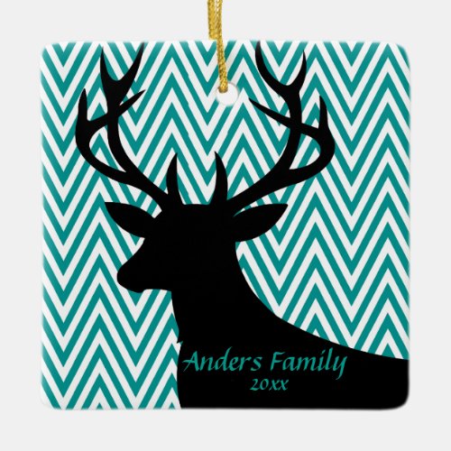 Deer Head Chevron  teal black Ceramic Ornament