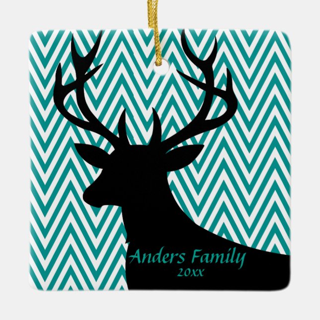 Deer Head Chevron | teal black Ceramic Ornament (Front)