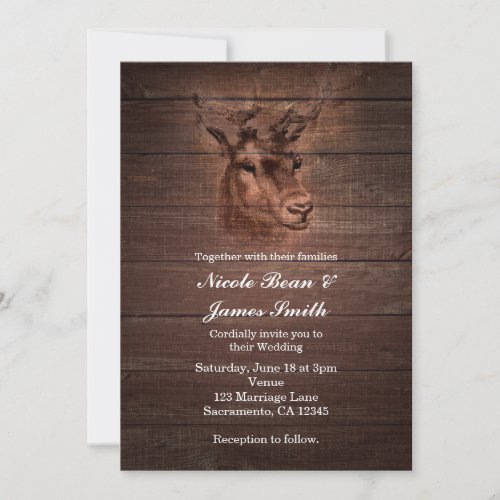 Deer Head  Dark Rustic Wood Wedding Invitations