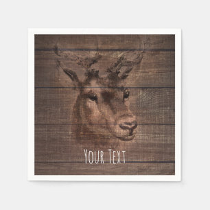 Deer Head & Dark Rustic Wood Wedding Party Napkins
