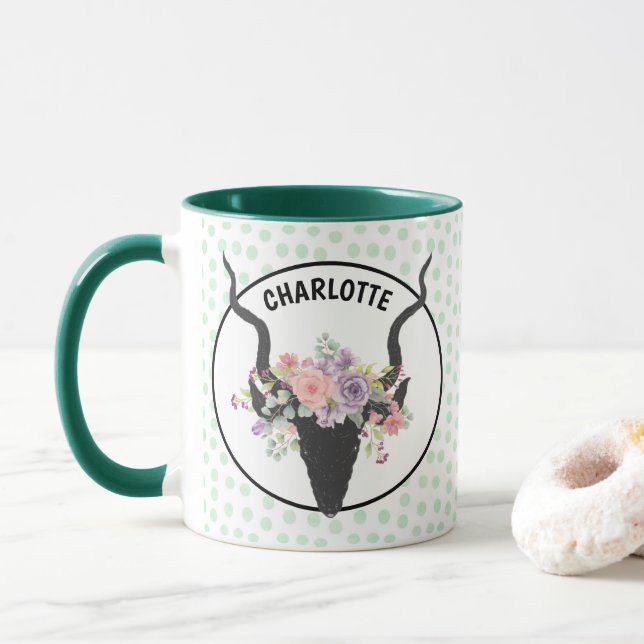 Deer head decorated with roses personalized  mug (With Donut)