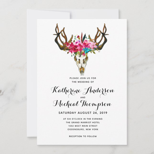 Deer Head Floral Wedding Invitation (Front)
