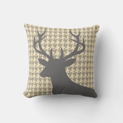 Deer Head Houndstooth  eggshell grey Throw Pillow