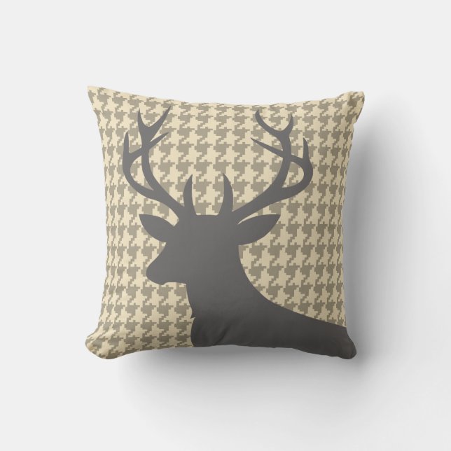 Deer Head Houndstooth | eggshell grey Throw Pillow (Front)
