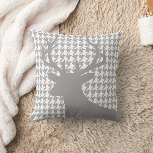 Deer Head Houndstooth grey white Throw Pillow