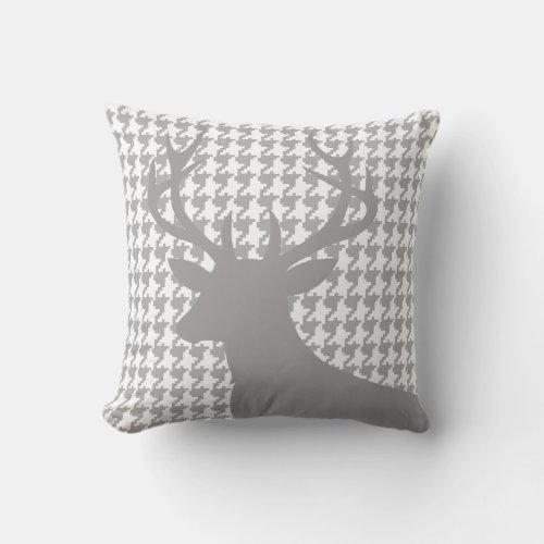 Deer Head Houndstooth  grey white Throw Pillow