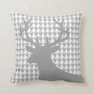 Deer Head Houndstooth grey white Throw Pillow