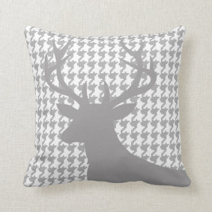 Deer Head Houndstooth   grey white Throw Pillow
