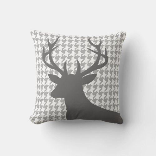 Deer Head Houndstooth  grey white Throw Pillow