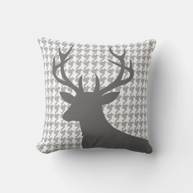 Deer Head Houndstooth | grey white Throw Pillow (Front)