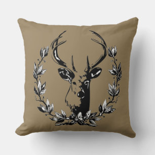 Deer Head in Laurel Leaves Throw Pillow
