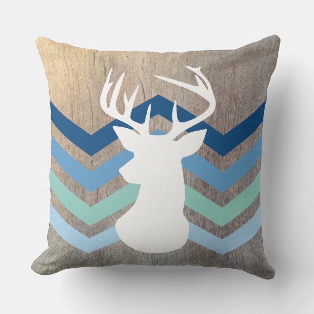 Deer Head Modern Chevron Wood Texture Blue Throw Pillow (Front)