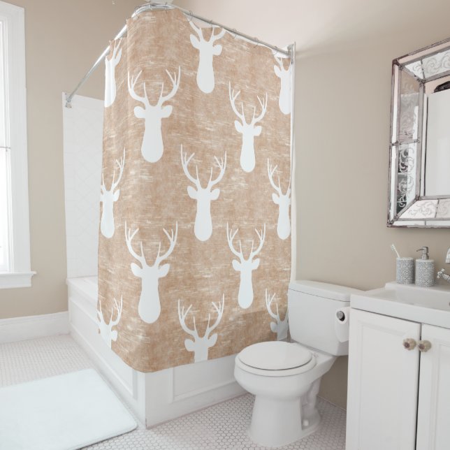 Deer Head on Bark Pattern Shower Curtain (In Situ)