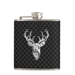 Deer Head on Carbon Fiber Style Print Hip Flask
