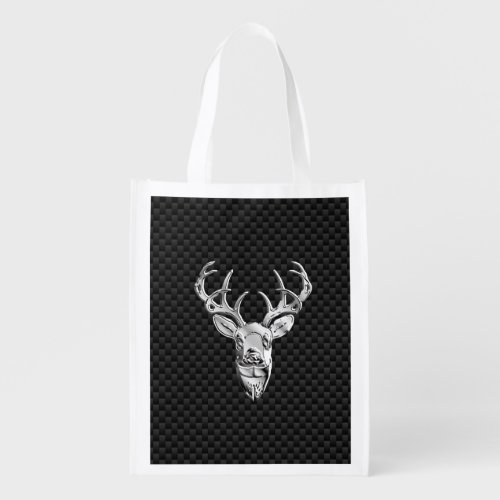 Deer Head on Carbon Fiber Style Print Reusable Grocery Bag