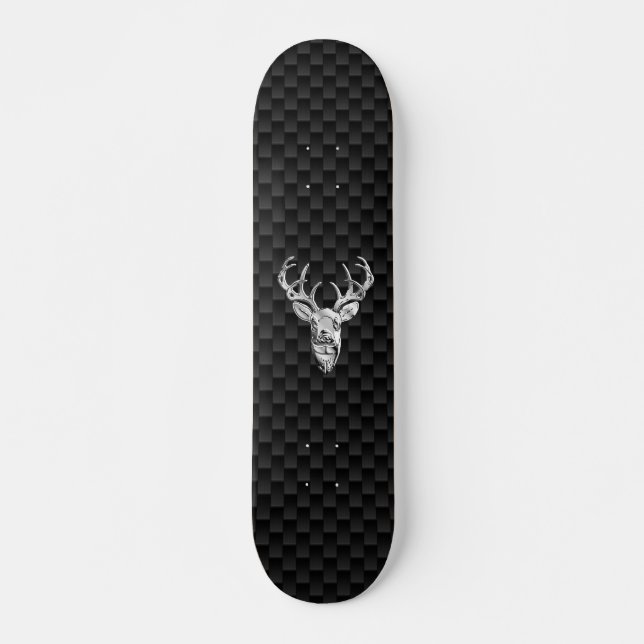 Deer Head on Carbon Fiber Style Print Skateboard Deck (Front)