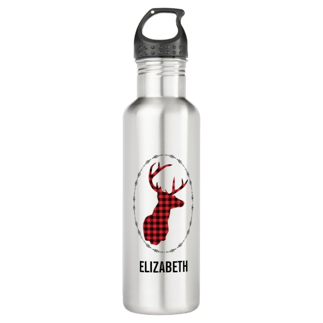 Deer Head - Rustic Red Plaid Stainless Steel Water Bottle (Front)