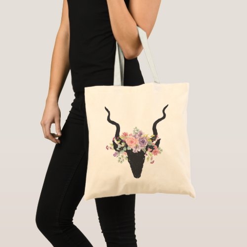 Deer head silhouette decorated with roses tote bag