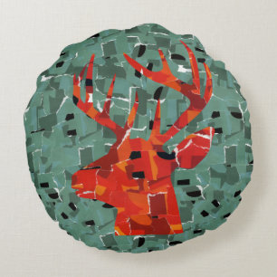 Deer head silhouette mosaic round pillow