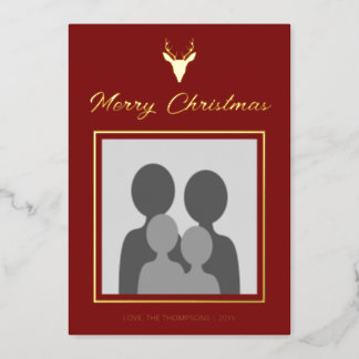 Deer Head Silhouette With Custom Photo On Red Foil Holiday Card