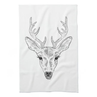 Deer Head - Simple Line Art Sketch Illustration Kitchen Towel