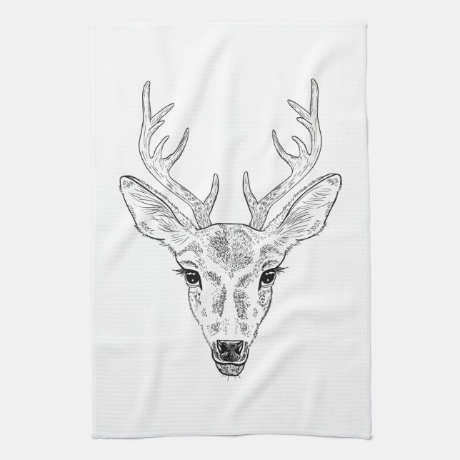Deer Head - Simple Line Art Sketch Illustration Kitchen Towel (Vertical)