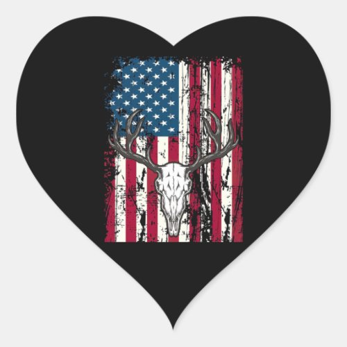 Deer Head Skull Hunting American Flag Heart Sticker