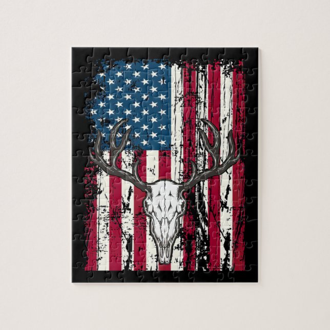 Deer Head Skull Hunting American Flag Jigsaw Puzzle (Vertical)