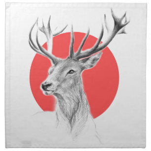 Deer head Stag drawing Red circle Animal art Cloth Napkin
