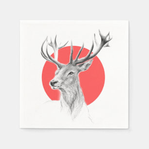 Deer head Stag drawing Red circle Animal art Paper Napkins