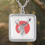Deer head Stag drawing Red circle Animal art Silver Plated Necklace<br><div class="desc">Deer head drawing and red circle in the background. Graphite pencil sketch with digital color. Artistic and elegant gift for animal lovers. • You can customize it - resize/rotate image, add text and more, or transfer it to another product :) • • • I'd be happy to see a photo...</div>