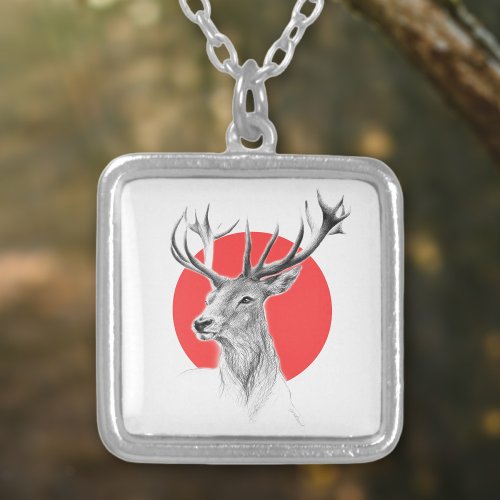 Deer head Stag drawing Red circle Animal art Silver Plated Necklace