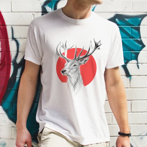 Deer head Stag drawing Red circle Animal art T_Shirt