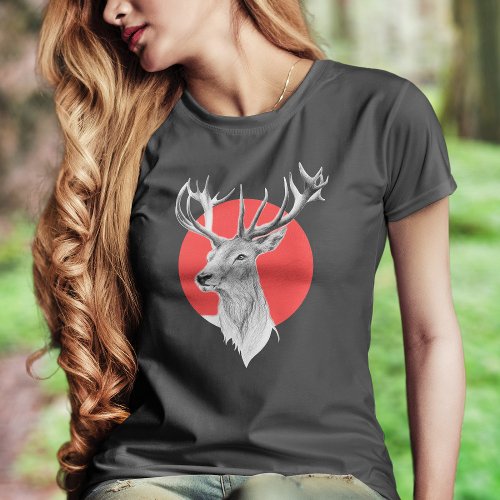 Deer head Stag drawing Red circle Animal art T_Shirt