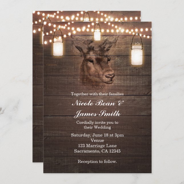 Deer Head String Lights & Wood Wedding Invitations (Front/Back)