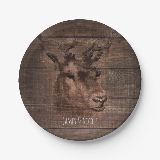 Deer Head String Lights & Wood Wedding Party Paper Plates (Front)