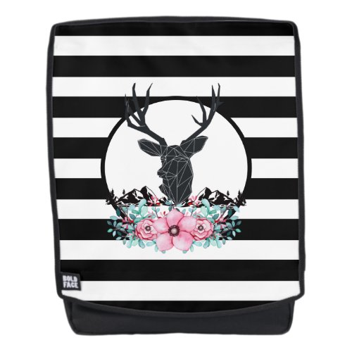 Deer Head w Flowers  Mountains  Black Stripes Backpack