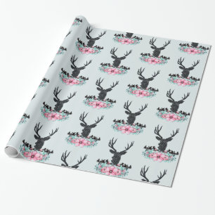 Deer Head w/ Flowers & Mountains Blue Gray back Wrapping Paper