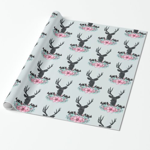 Deer Head w Flowers  Mountains Blue Gray back Wrapping Paper