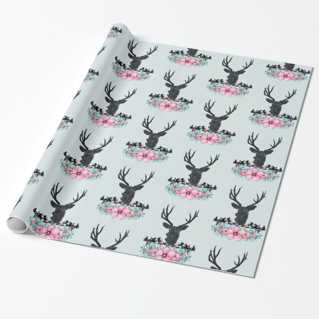 Deer Head w/ Flowers & Mountains Blue Gray back Wrapping Paper (Unrolled)