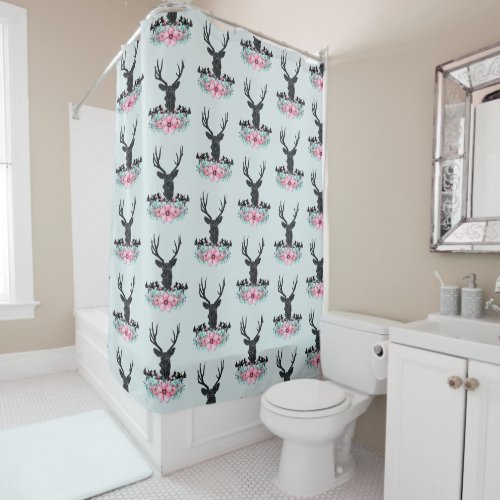 Deer Head w Flowers  Mountains Pale Blue Back Shower Curtain