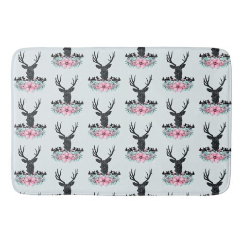 Deer Head w Flowers  Mountains Pattern Bath Mat