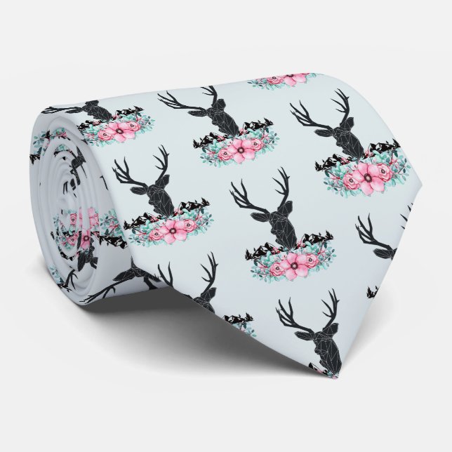 Deer Head w/ Flowers & Mountains Pattern Neck Tie (Rolled)