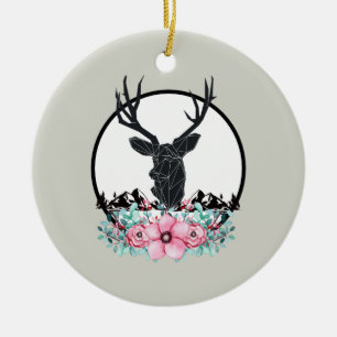 Deer Head w/ Flowers & Mountains Wedding Ceramic Ornament