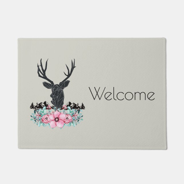 Deer Head w/ Flowers & Mountains Welcome Doormat (Front)