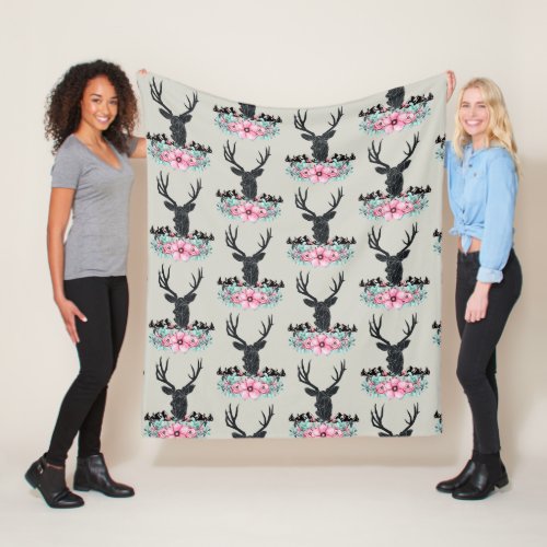 Deer Head w Pink Flowers  Mountains Pattern Fleece Blanket