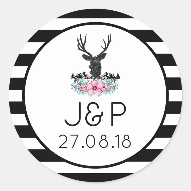 Deer Head w/ Pink Flowers & Mountains Wedding Classic Round Sticker (Front)